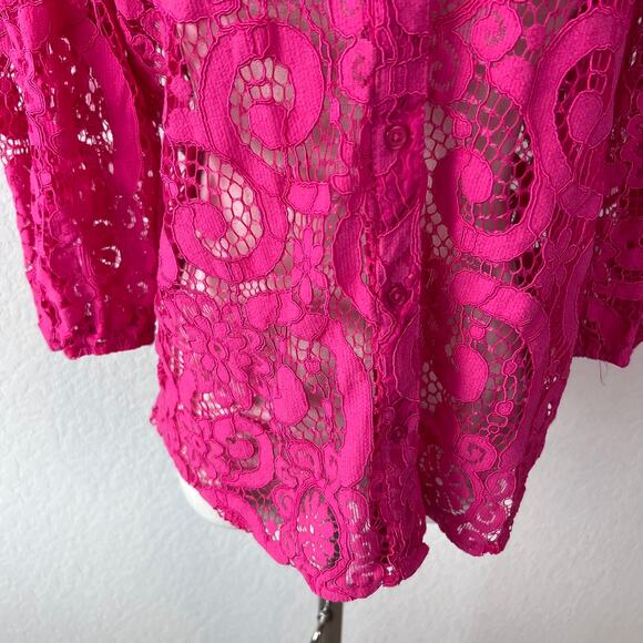 Saks Fifth Avenue Lace Button Up Collared Shirt Sheer 3/4 Sleeve Small Pink - Picture 13 of 13